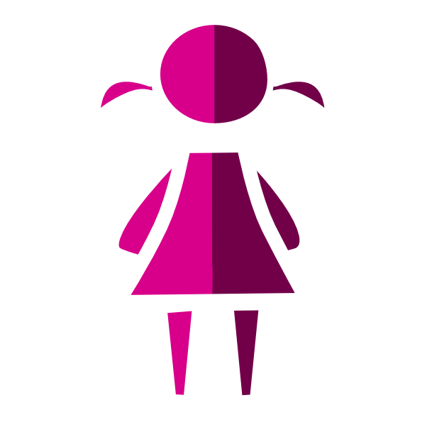 a simplified figure of a short pink person that has a dress-shaped triangle body and pigtails on either side of its head with the left half being a lighter pink. The image has light line art